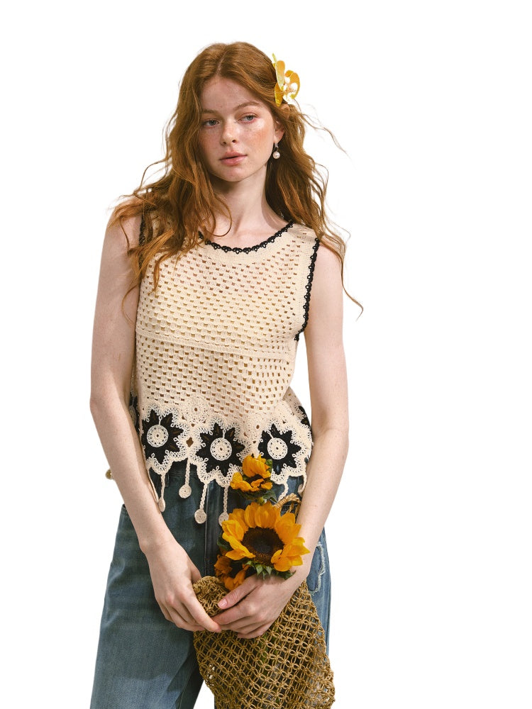 Sleeveless Fringe Flower Crochet Vest