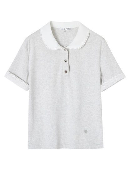 Striped Lace Short-Sleeve Polo Neck T-Shirt - CHINASQUAD