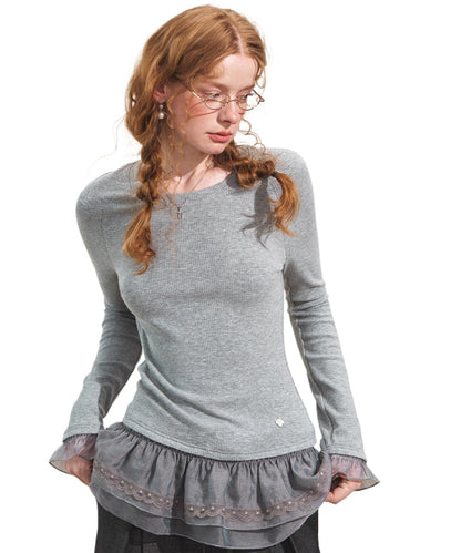 Double-Layer Ruffle Raglan Sleeve Fleece T-Shirt