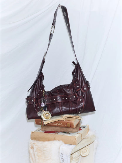 Vintage Studded Wide-Strap Crossbody Bag