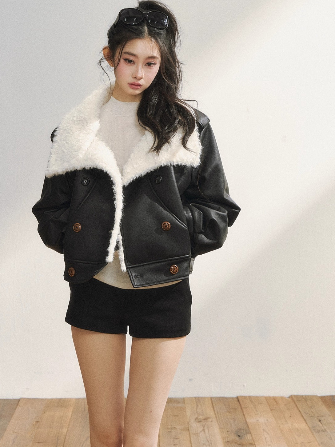 Black Faux Shearling Double-Breasted Leather Jacket