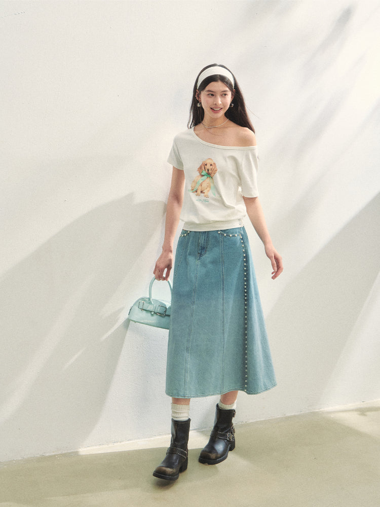 Beaded Washed Gradient Denim Skirt - CHINASQUAD