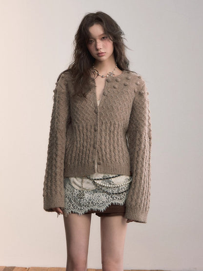 Textured Wool-Blend Cable Knit Cardigan