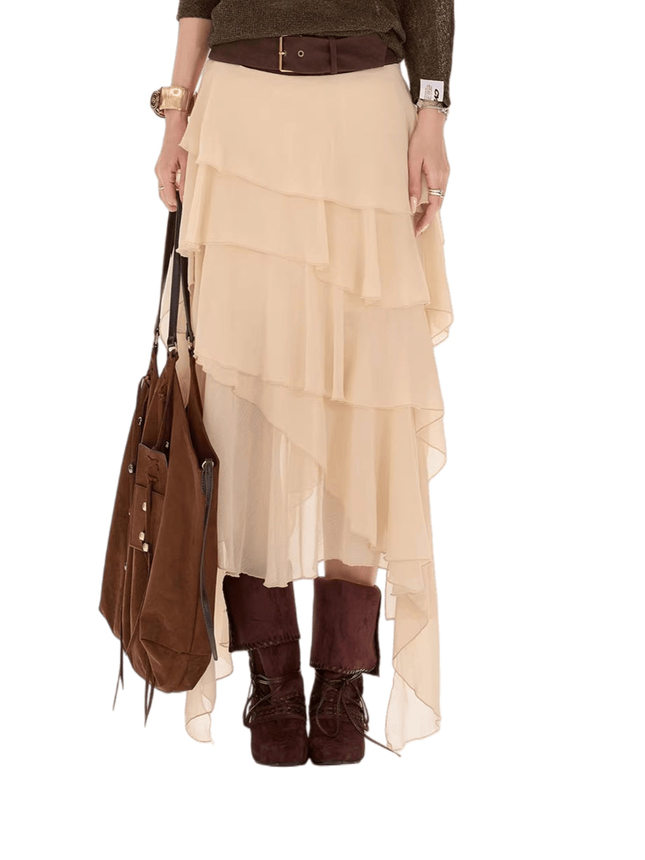 Faux-Belt Tiered Chiffon Maxi Skirt