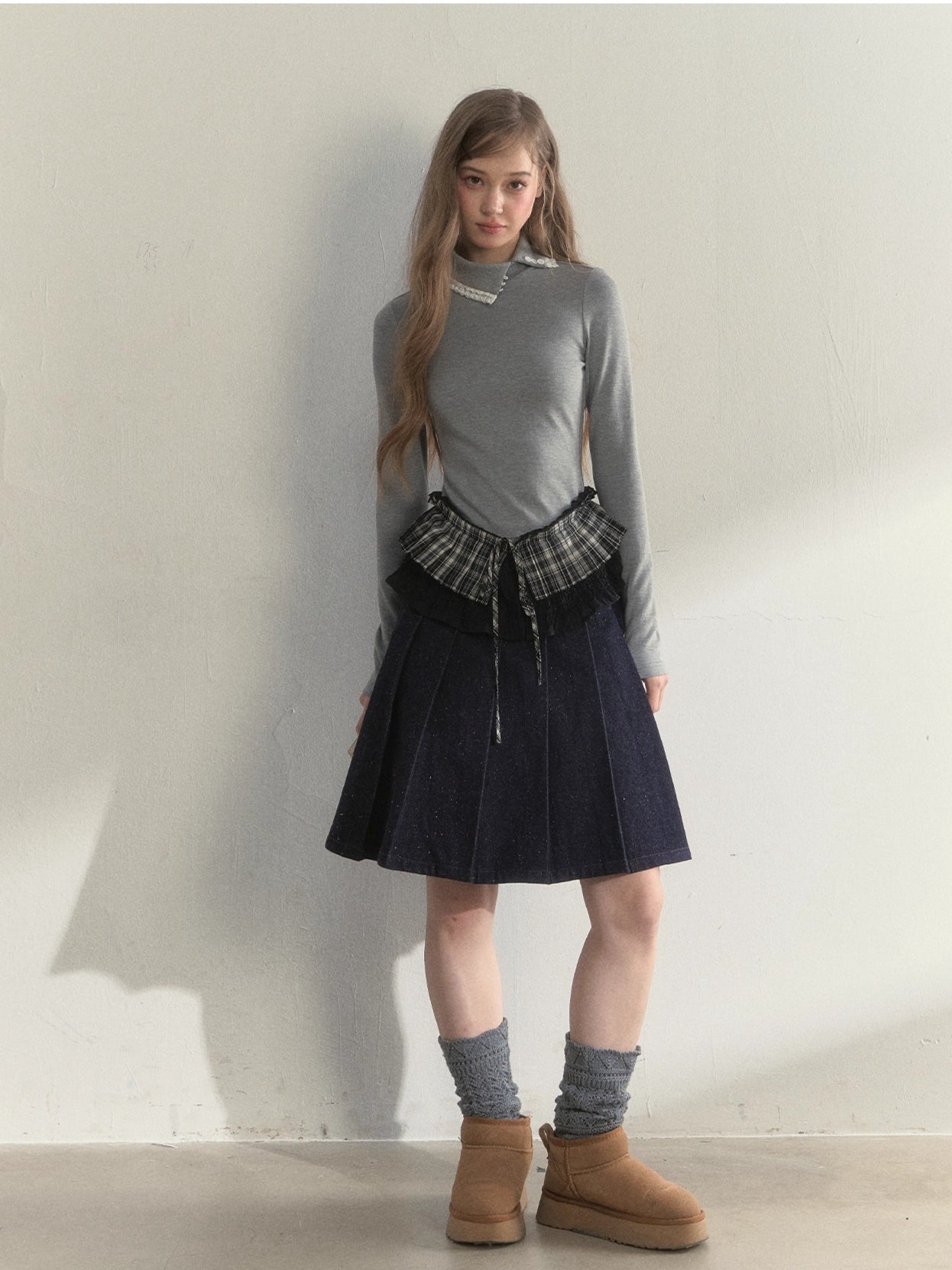 Layered Pleated Mock-Neck Knit T-Shirt
