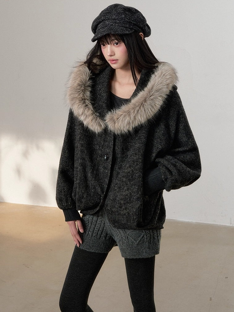 Fur Collar Wool-Blend Batwing Cape