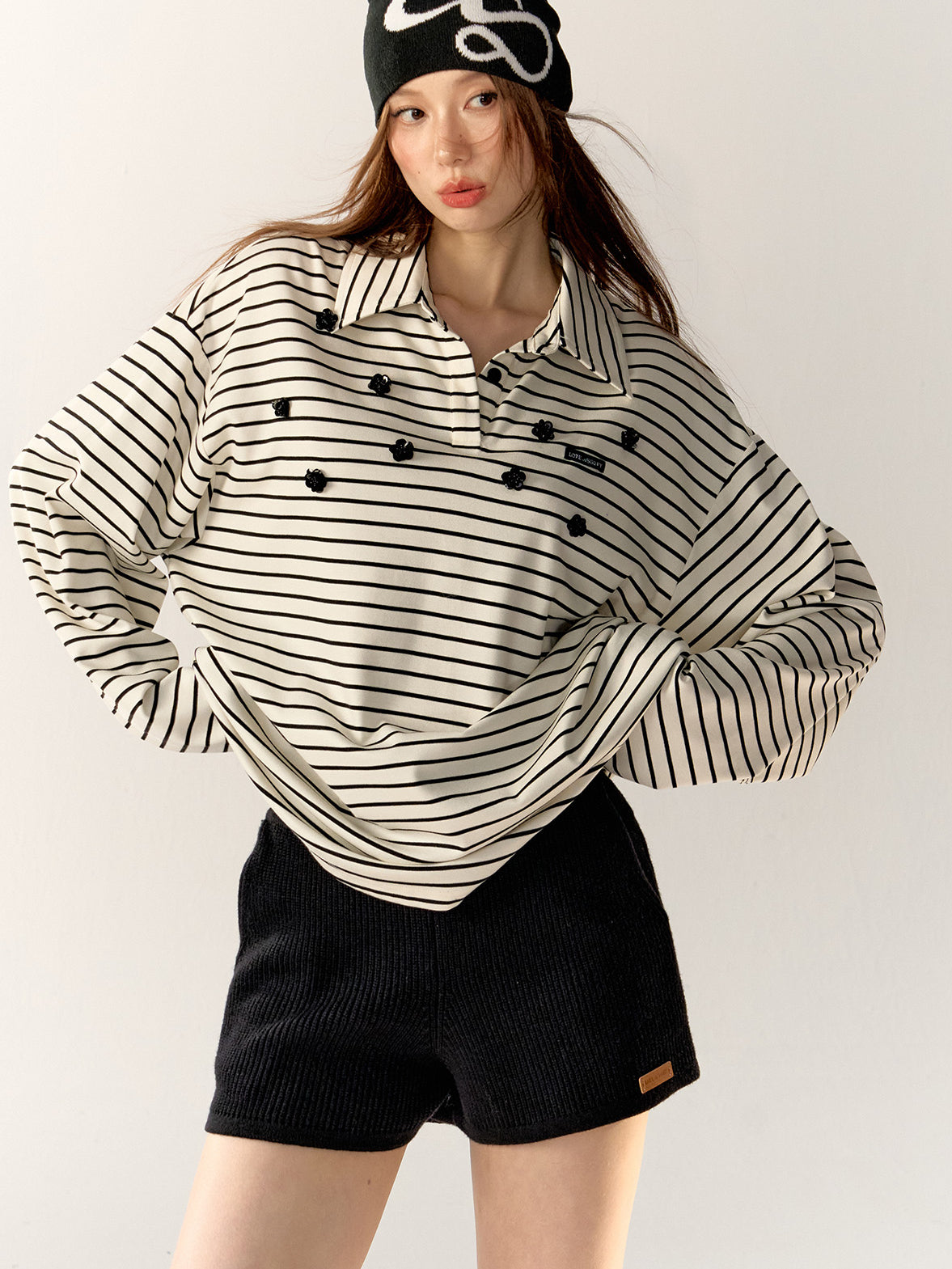 Striped Floral Collar Polo Long Sleeve Shirt