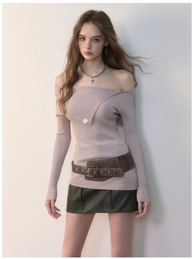 One-Shoulder Collared Knit Crewneck - CHINASQUAD