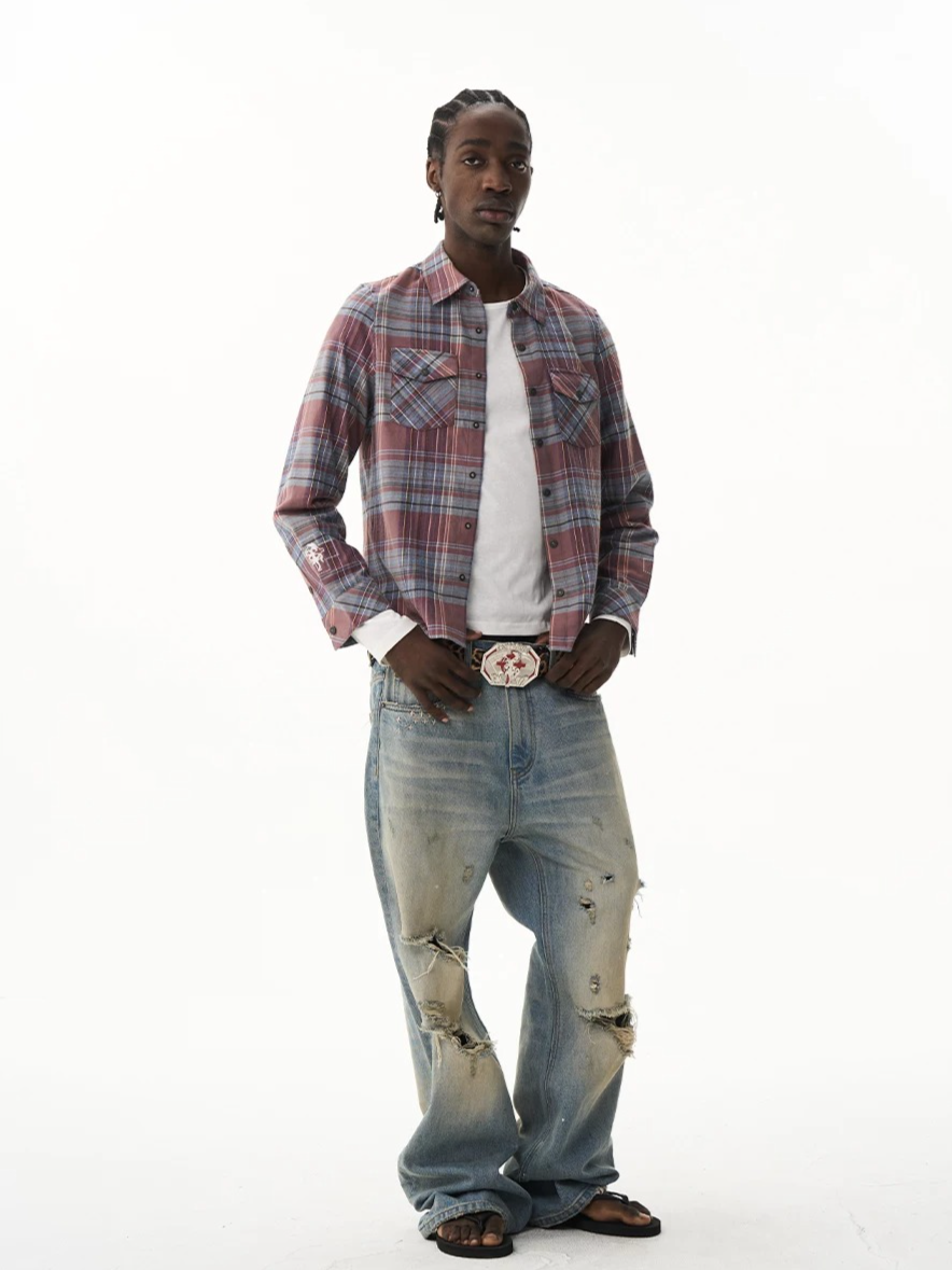 Cropped Embroidered Check Shirt