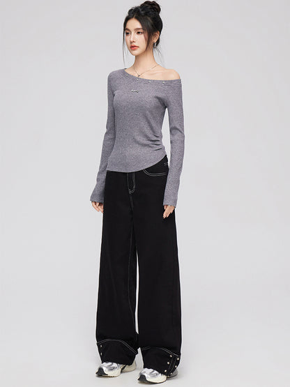 Cuffed Denim Wide-Leg Pants