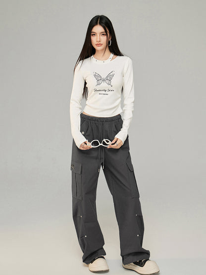 Butterfly Pleated Long Sleeve T-shirt