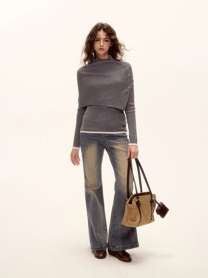 Textured Washed Flared Stretch Denim Pants