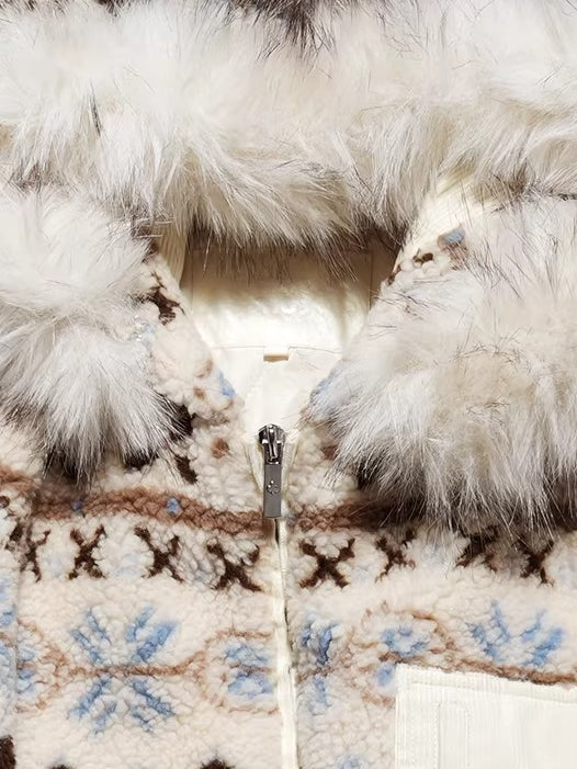 Jacquard Shearling Hooded Short Jacket