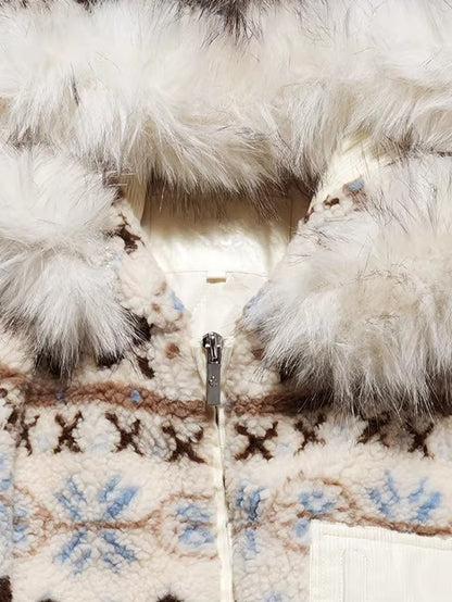 Jacquard Shearling Hooded Short Jacket