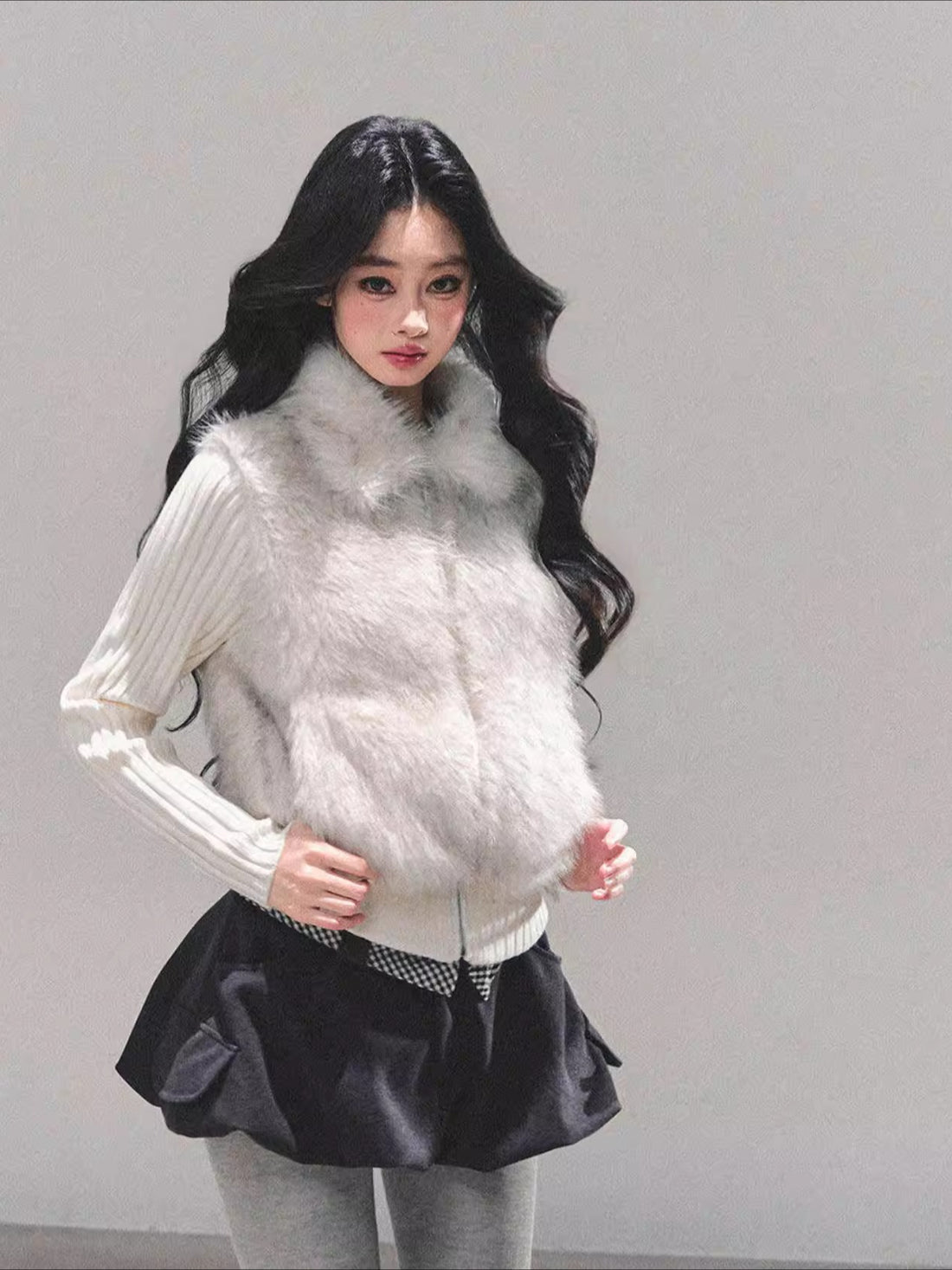 Faux Two-Piece Eco Fur Knit Jacket
