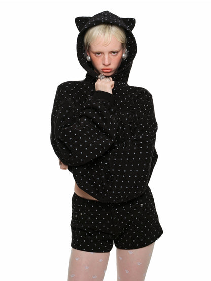 Cat Paw Polka Dot Hooded Cardigan Set