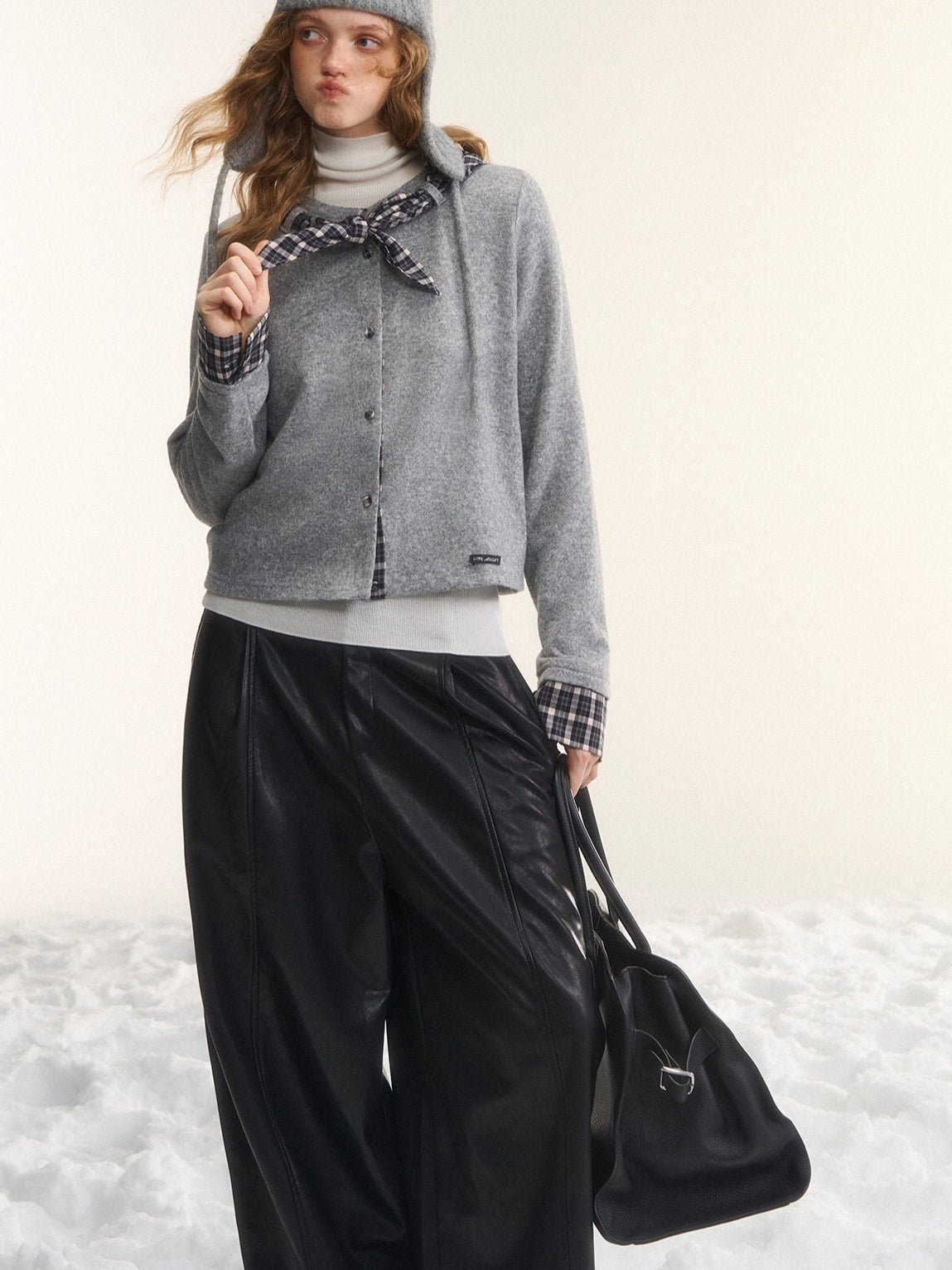 Wool-Blend Plaid Patchwork Knit Cardigan