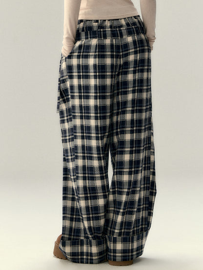 Pleated Belted Plaid Casual Pants