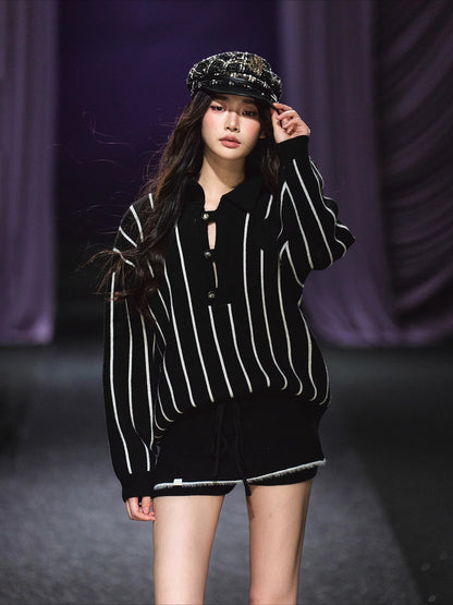 Striped Knit Polo T-Shirt &amp; Contrast Trim Skort Set