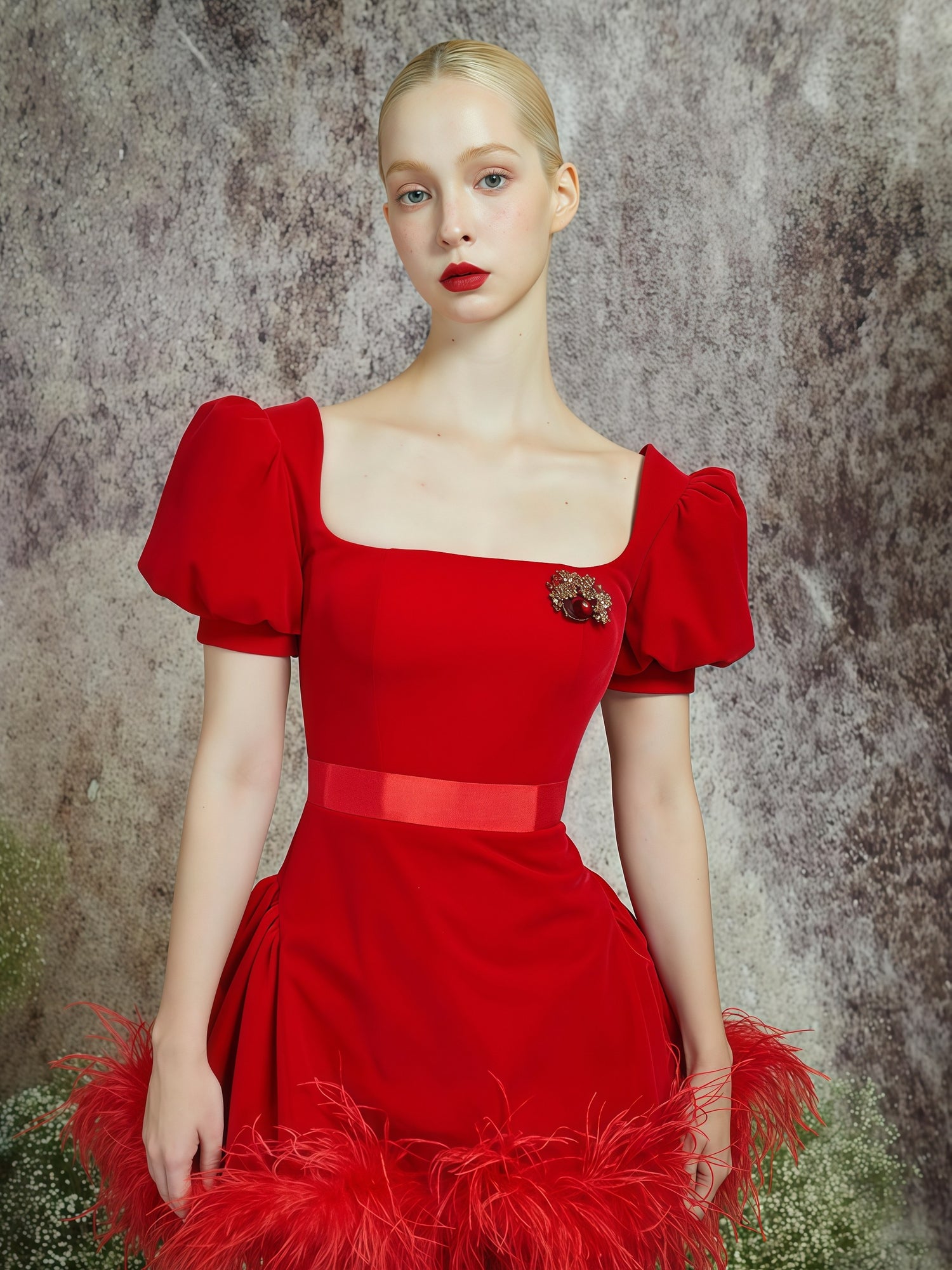 Scarlet Puff Sleeve Feather Hem Mini Dress
