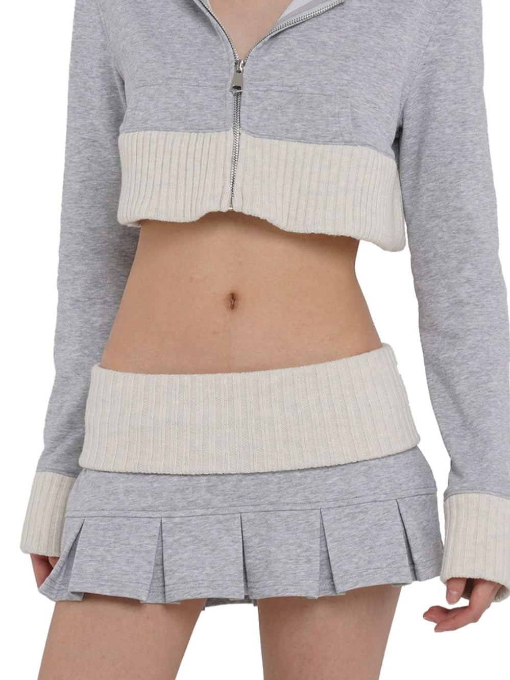 Gray Patchwork Cropped Hoodie