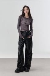 Black Rivet Straight Leather Pants - CHINASQUAD