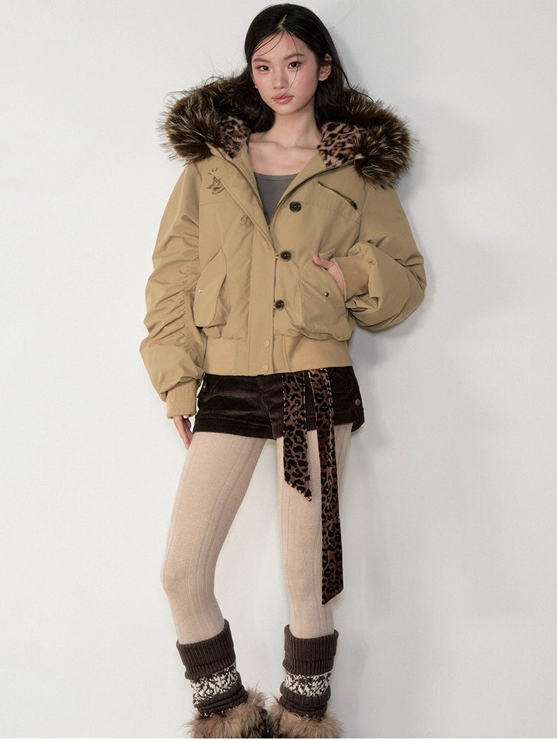 Studded Faux Fur Collar Bomber Down Jacket