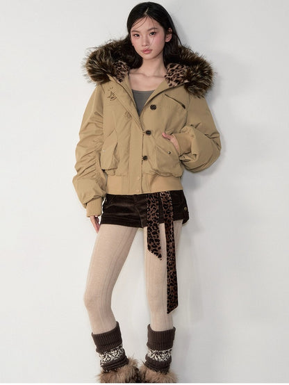 Studded Faux Fur Collar Bomber Down Jacket