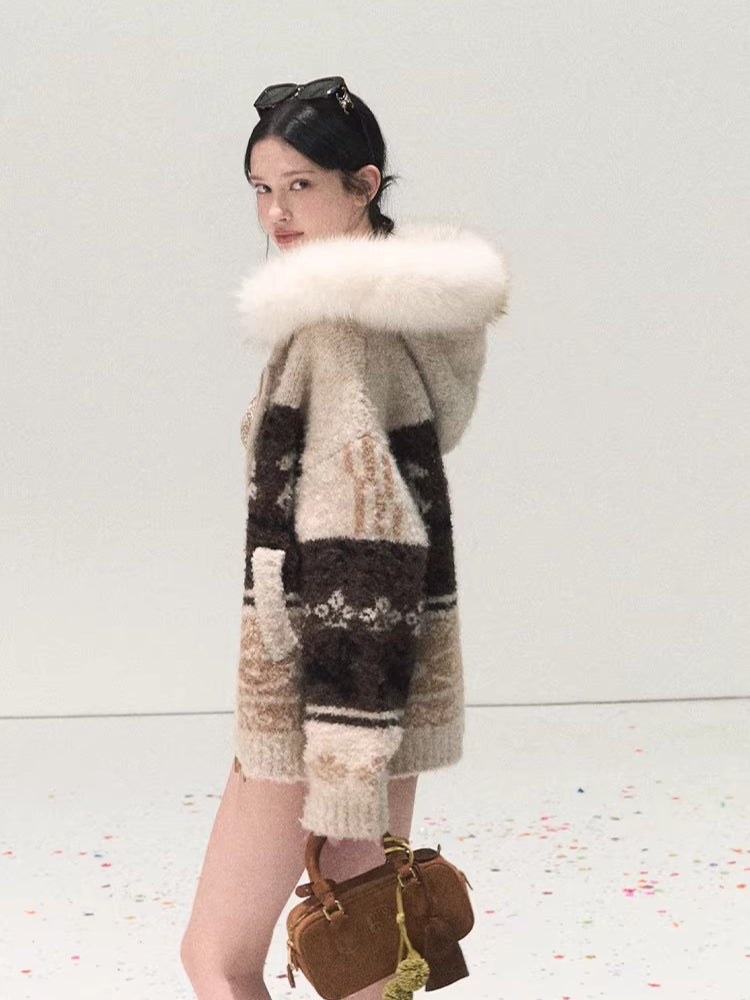 Detachable Fur-Collar Wool Hooded Cardigan