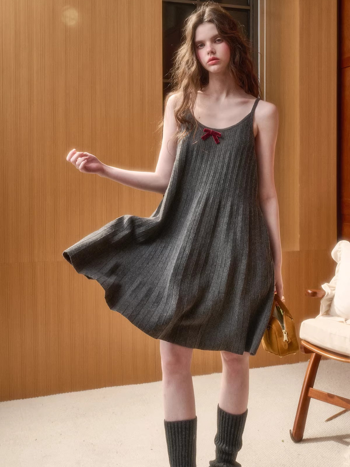 Wool Blend Pleated Knit Midi Dress