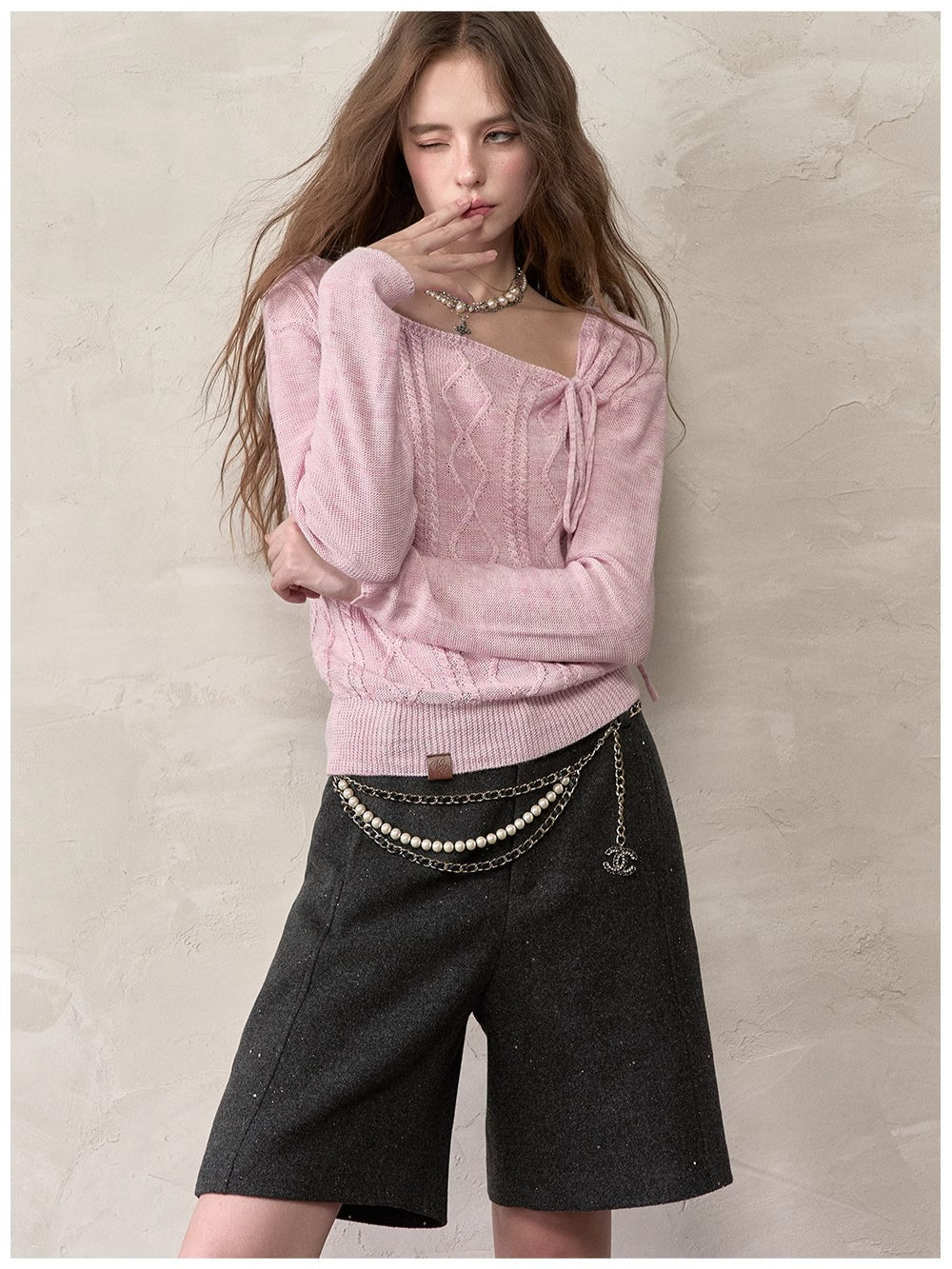 Asymmetrical Tie-Neck Cable Knit Sweater