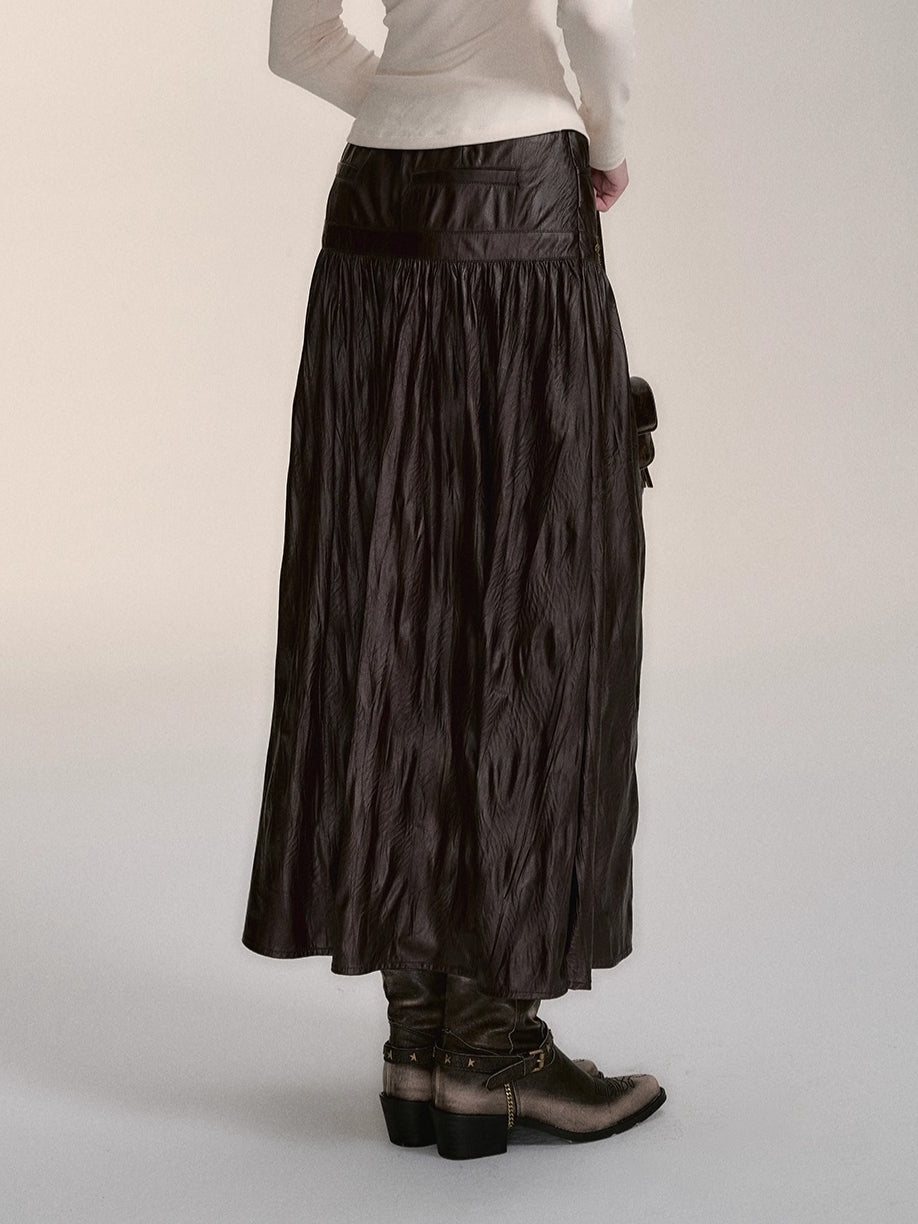 Dark Coffee PU Midi Skirt