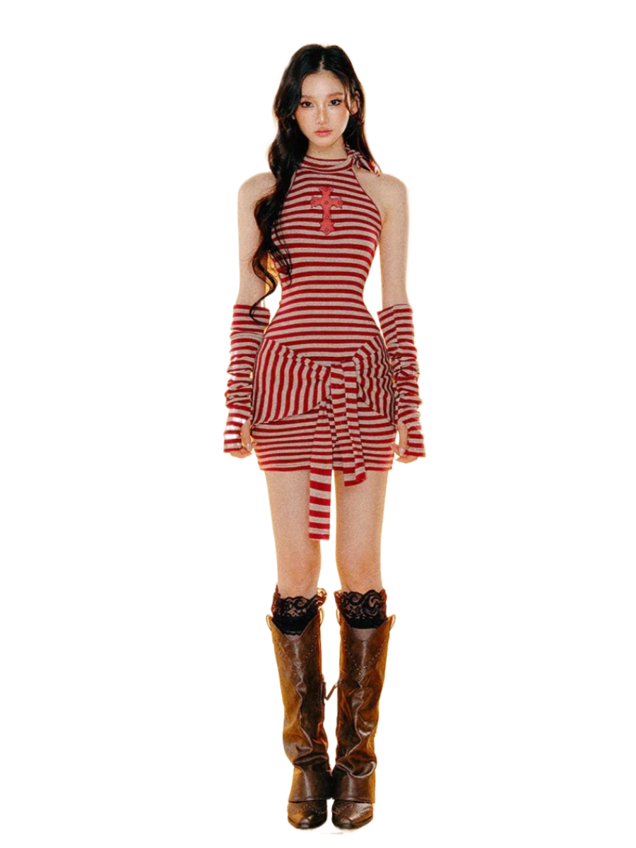 Cross Mesh Cut-Out Striped Knit Dress
