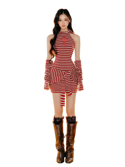Cross Mesh Cut-Out Striped Knit Dress