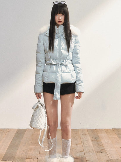 Two-Tone Belted Detachable Fur Hood Down Jacket