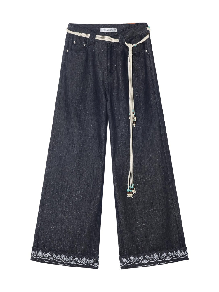 Embroidered Belt High-Waist Straight Pants