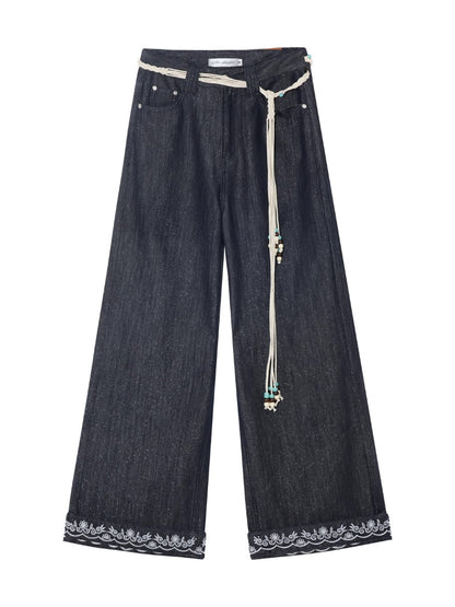 Embroidered Belt High-Waist Straight Pants