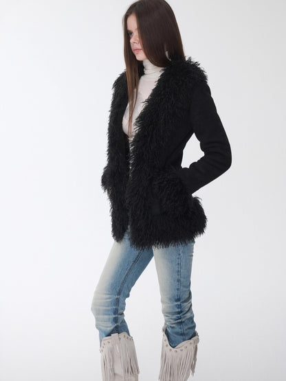 Suede Shearling Embroidered Panel Jacket