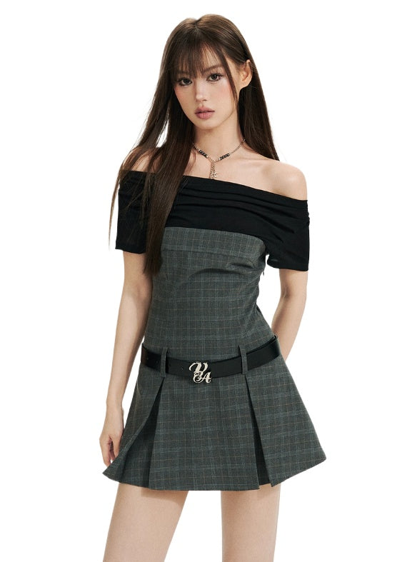 Grid Off-Shoulder Mini Dress - CHINASQUAD