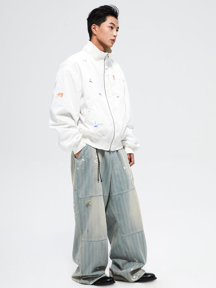 Splattered Wash Stripe Texture Workwear Denim Pants