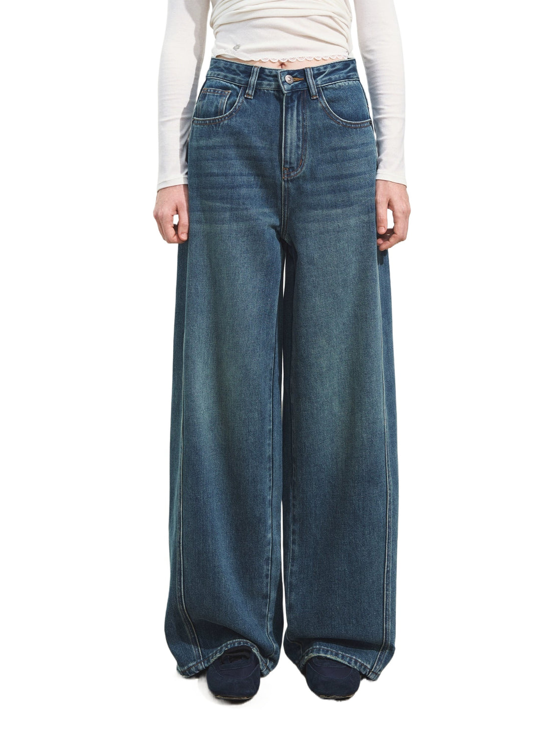 3D Seam Wide-Leg Crescent Denim Pants