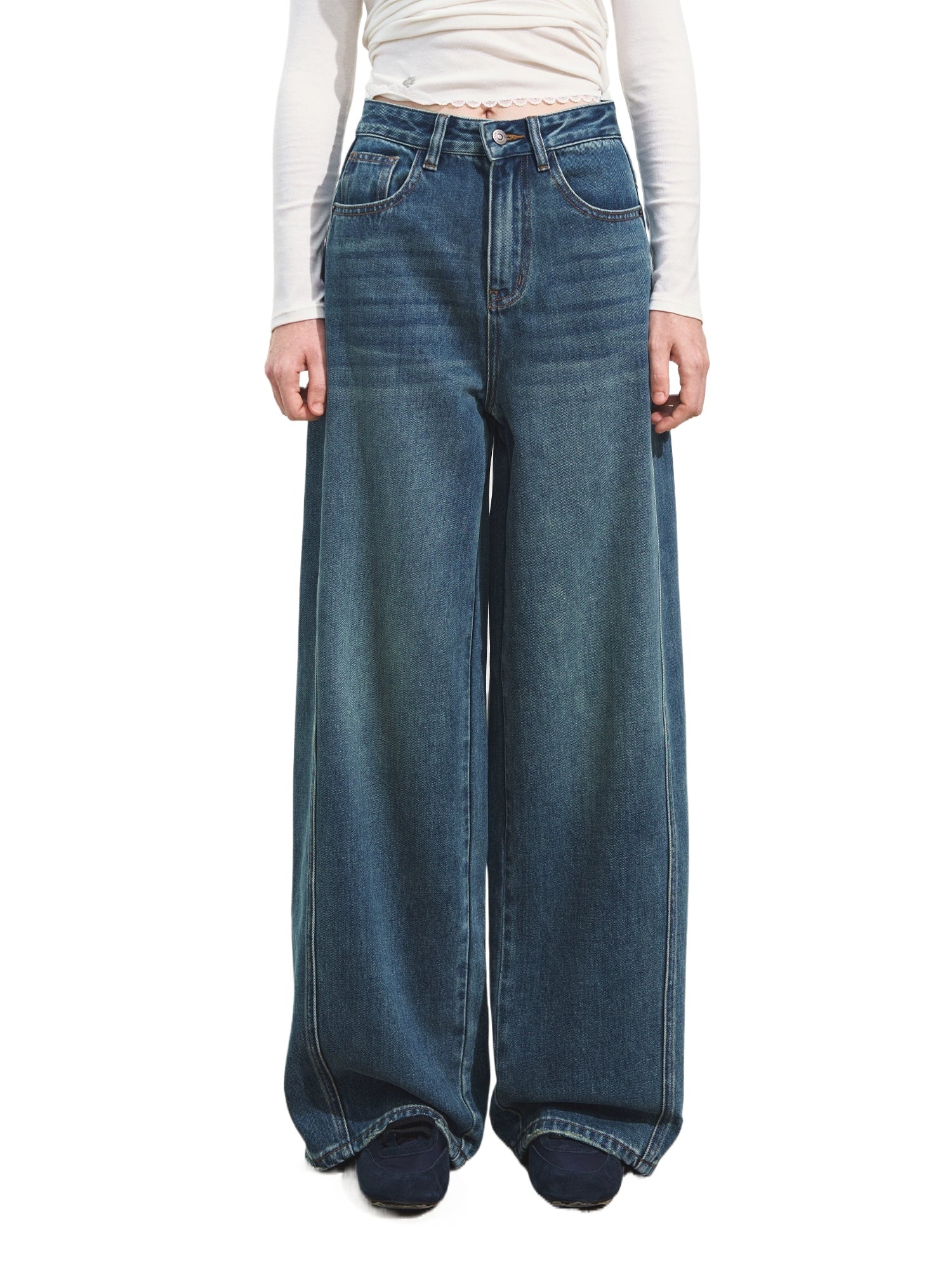 3D Seam Wide-Leg Crescent Denim Pants