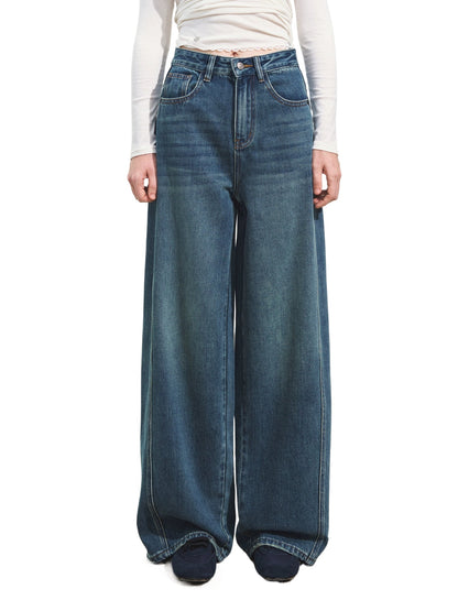 3D Seam Wide-Leg Crescent Denim Pants
