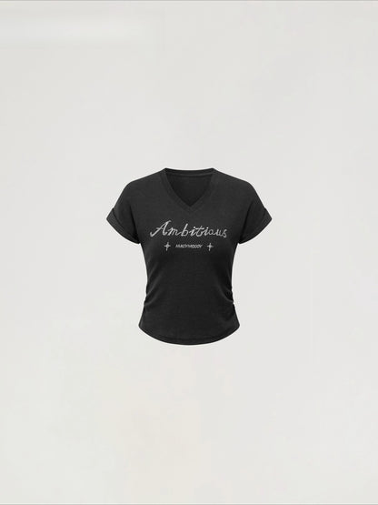 V-neck Waist-cinching Rhinestone Tee