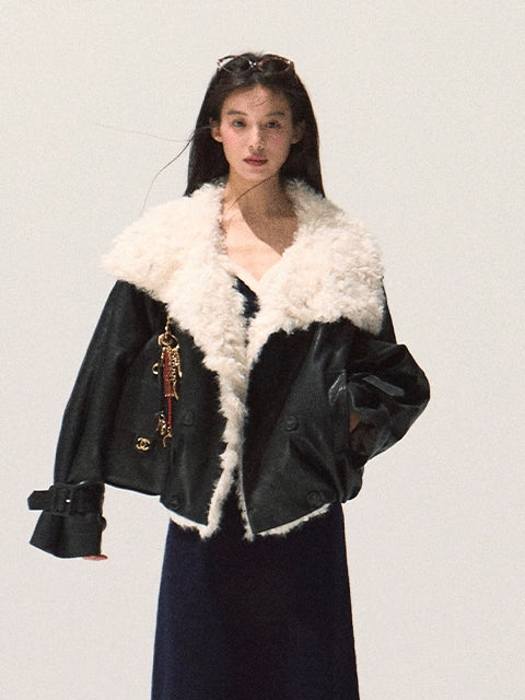 Shearling-Style Short Leather Jacket