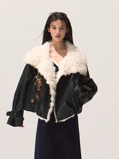 Shearling-Style Short Leather Jacket