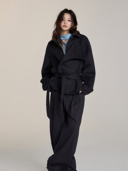 Faux Two-Piece Belted Layered Coat