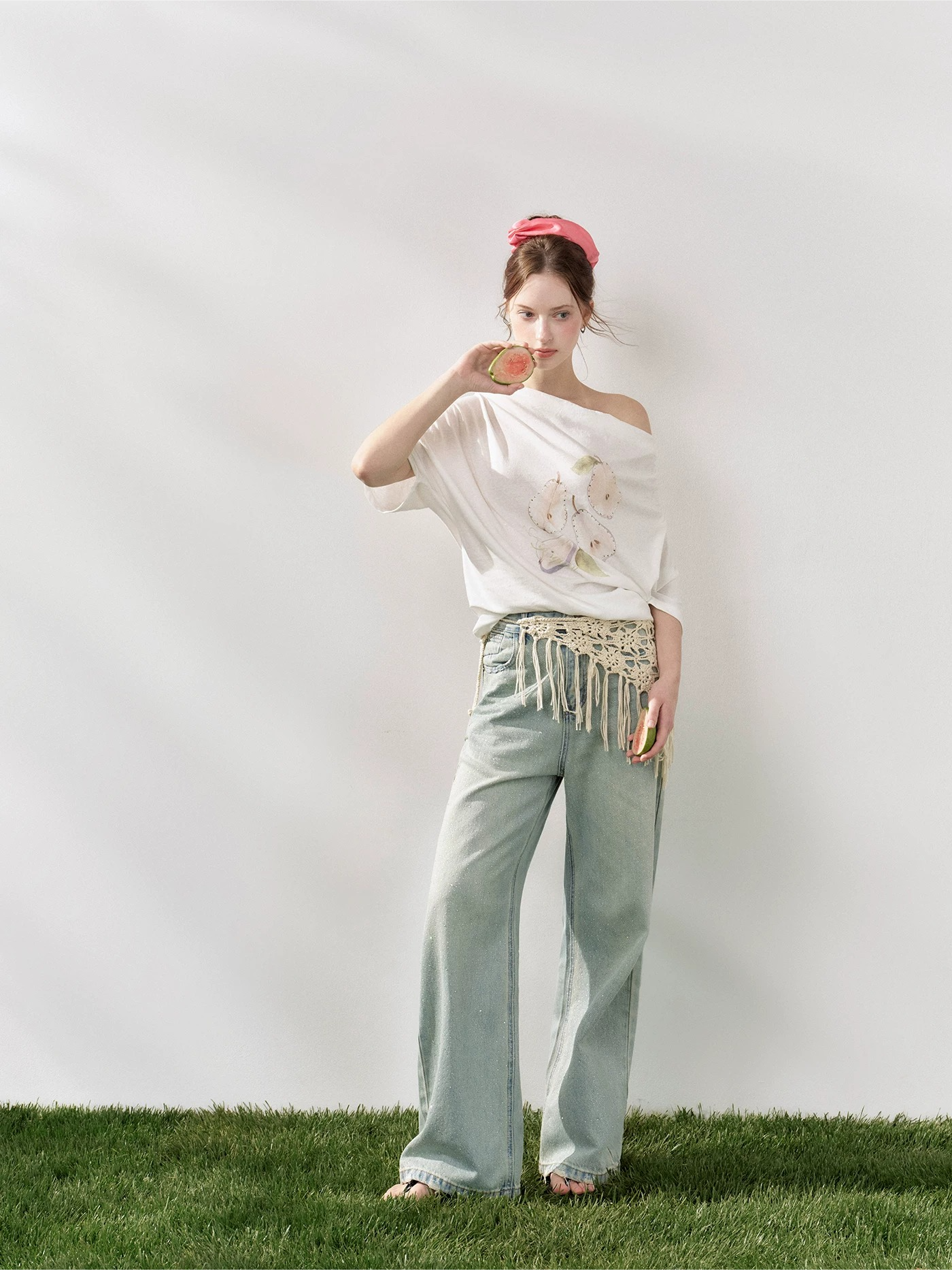 Pear Embellished Draped Off-Shoulder Relaxed T-Shirt