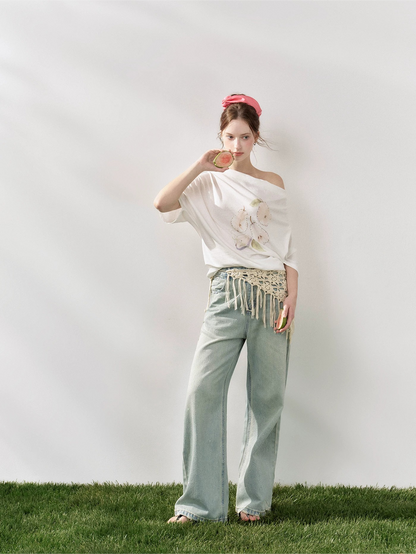 Pear Embellished Draped Off-Shoulder Relaxed T-Shirt