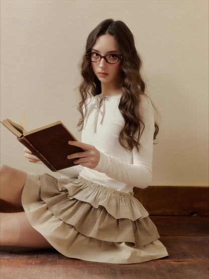 Layered Knit Plaid Tiered Puff Dress